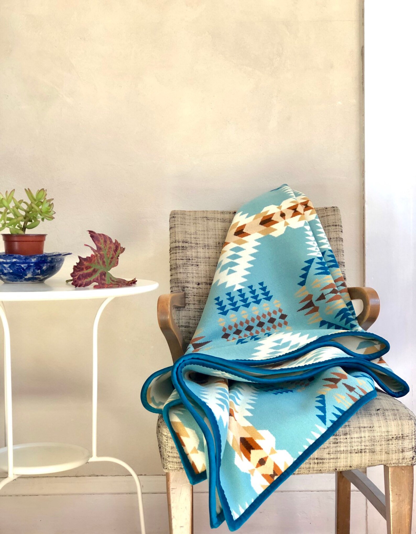 Wool Blanket Native American Design in Aqua Blue Taupe White Etsy