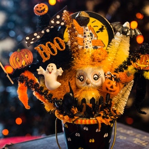 Vintage Halloween Decorated Owl Assemblage Bottle Brush Tree JOL Decoration