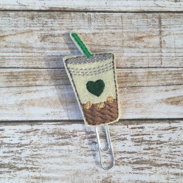 Iced coffee planner clip ~ iced coffee bookmark ~ planner accessories ~ iced coffee glitter vinyl feltie ~ iced coffee vinyl paperclip