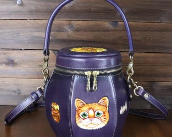 Hand Painted Leather Purse Leather Bucket Bag Cute Crossbody Satchel Handmade Leather Cylinder Pouch