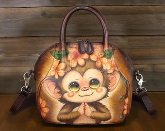 Hand Painted Leather Purse Cute  Women Handbag Handmade Vintage Shoulder Bag Crossbody Pouch
