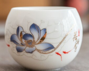 Porcelain Tea Ceremony Cup with Blue Lotus Pattern, Capacity 150ml for Tea Enjoyment