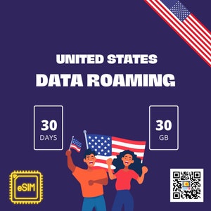 以下が含まれることがあります： アメリカ合衆国のデータローミングを促進するグラフィック。画像には「UNITED STATES DATA ROAMING」のテキストと、アメリカ国旗、30日間のデータプラン、30GBのデータのイラストが含まれています。eSIMアイコンとQRコードも表示されています。