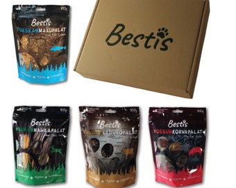 Bestis Lote golosinas secas 100% NATURALES para perros, caja regalo 4x100g