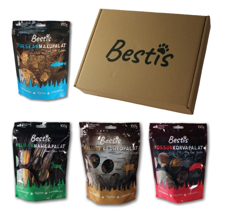 Bestis Bundle 100 % NATÜRLICHE Trockenleckerlis für Hunde, 4x100g Geschenkbox Bild 1