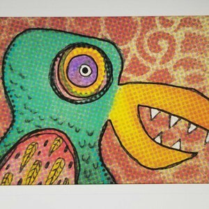 Wacky Bird Art Whimsical Bird Monster on Canvas Cute for Office, Nursery, kid room Green Bird