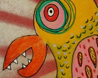 Monster Bird ATC ACEO Trading card. Original drawing, not a print. Cute for Nursery or kids room.