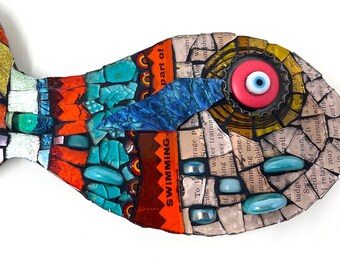 Stylized Fish  Mosaic Glass Mixed Media on Wood