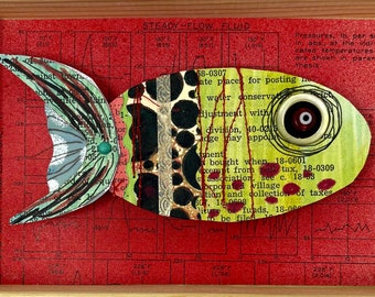 Fish Collage Art / Sewn Paper/ Mixed Media