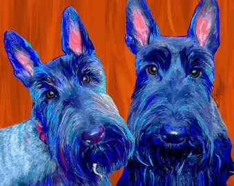 Scottish Terrier Print 2 Blue Scotties on Canvas