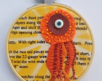 Octopus wall art, embroidery,  Orange squid, cephalopods, hoop art, felt applique