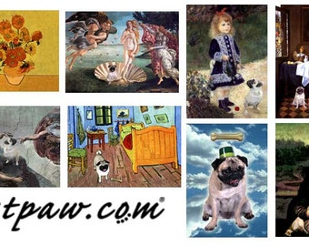 Set of 8 Master Piece Pugs on Canvas/ Funny Puggie Parodies