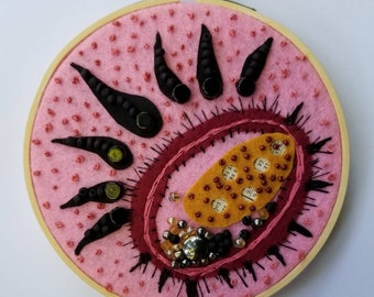 Embroidery hoop art cellular abstract art pink