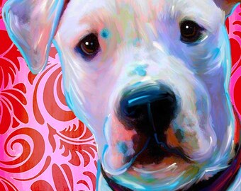 American Bulldog canvas print, White Pit Bull  Hot Pink and Red