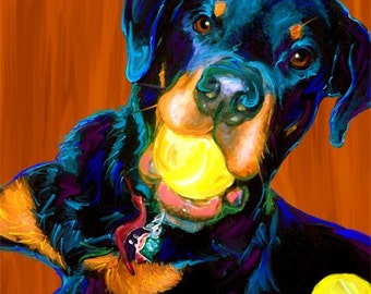 Rottweiler Print, Rotti Dog, Guiness with Tennis Ball on Canvas