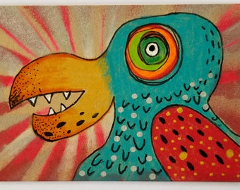 Monster Bird ATC ACEO Trading card. Original drawing, not a print. Cute for Nursery or kids room.