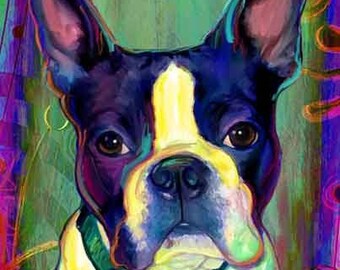 Boston Terrier Print, Blue Dog on Canvas