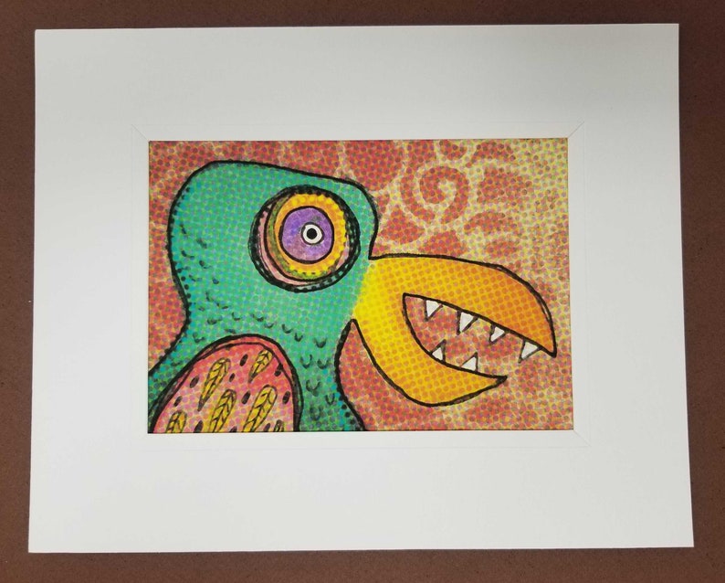 Wacky Bird Art Whimsical Bird Monster on Canvas Cute for Office, Nursery, kid room Green Bird