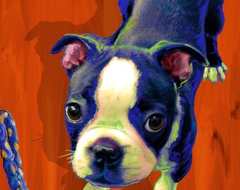 Boston Terrier Print On Canvas / Dog Lover Gift / Puppy with Toy / Nursery Artwork / Gift For Dog Mom / Free Shipping / Artpaw