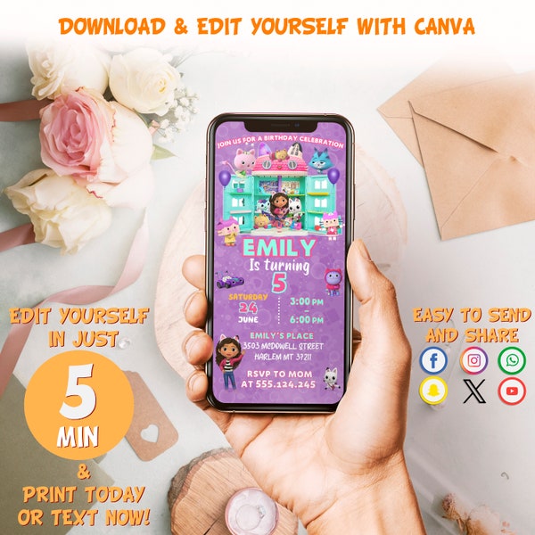 Gabbys Dollhouse Birthday Invitation | Editable Gabby's Kids Birthday Evite | Pandy Template Editable Printable | Invite Instant Download