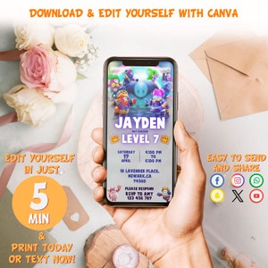 Peut inclure: L'écran d'un téléphone mobile affichant une invitation numérique pour une fête d'anniversaire. L'invitation présente un personnage de dessin animé du jeu vidéo Brawl Stars. Le texte de l'invitation indique "Jayden a atteint le niveau 7" et comprend la date, l'heure et le lieu de la fête. L'invitation comprend également un message pour RSVP à Amy au 123 456 789.