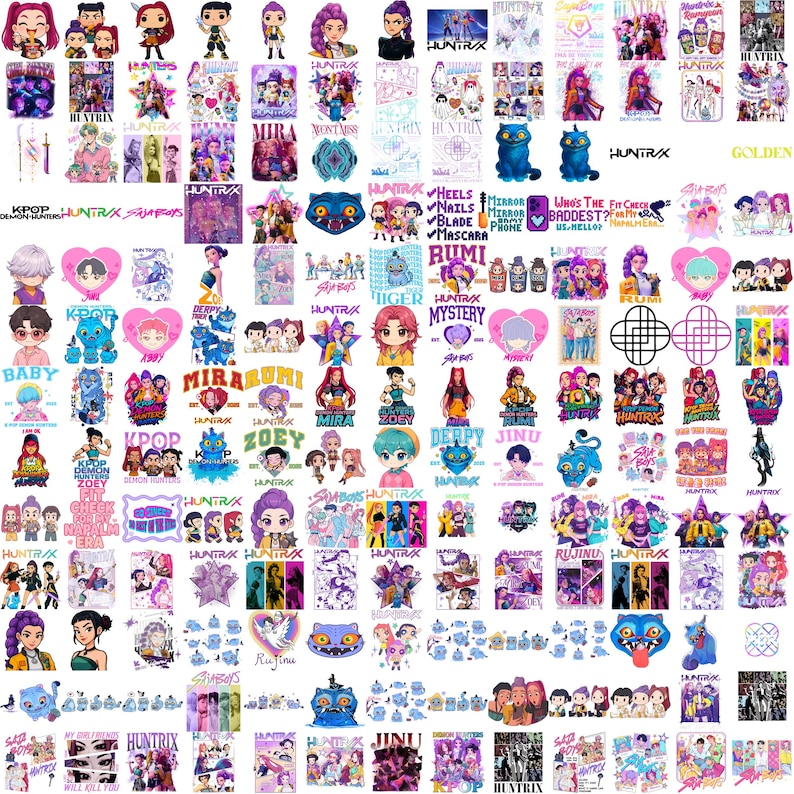 Huge Kpop PNG bundle featuring Demon Hunter style fan designs, Huntrix graphics, and trendy Kpop sublimation artwork