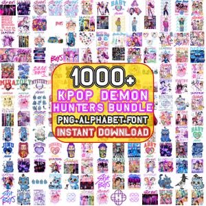 Puede incluir: Una colección de gráficos y diseños con temática K-pop. La imagen presenta una variedad de ilustraciones, logotipos y elementos de texto, incluyendo las palabras "1000+ KPOP DEMON HUNTERS BUNDLE" y "PNG.ALPHABET.FONT INSTANT DOWNLOAD". Los diseños son coloridos y diversos.