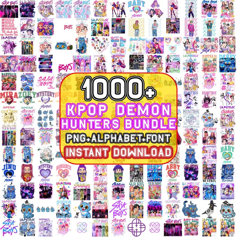 Op de afbeelding: Een verzameling K-pop-thema graphics en ontwerpen. De afbeelding bevat een verscheidenheid aan illustraties, logo's en tekstelementen, waaronder de woorden "1000+ KPOP DEMON HUNTERS BUNDLE" en "PNG.ALPHABET.FONT INSTANT DOWNLOAD". De ontwerpen zijn kleurrijk en divers.