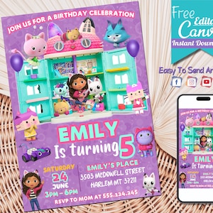 Gabbys-poppenhuisverjaardagsuitnodiging | Bewerkbare Gabby's kinderverjaardagsuitnodiging | Pandy-sjabloon bewerkbaar afdrukbaar |  Directe download uitnodigen