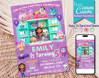 Gabbys Dollhouse Birthday Invitation  | Editable Gabby's Kids Birthday invite | Pandy Template Editable Printable |  Invite Instant Download