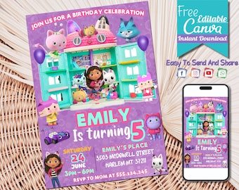 Gabbys Dollhouse Birthday Invitation  | Editable Gabby's Kids Birthday invite | Pandy Template Editable Printable |  Invite Instant Download