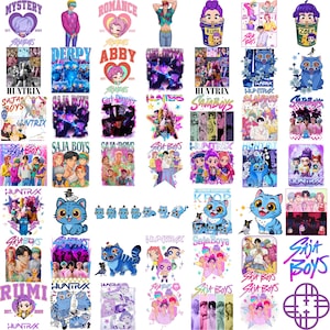 Kpop group fan art PNG pack with Demon Hunter style designs for sublimation shirts, stickers, and DIY crafts