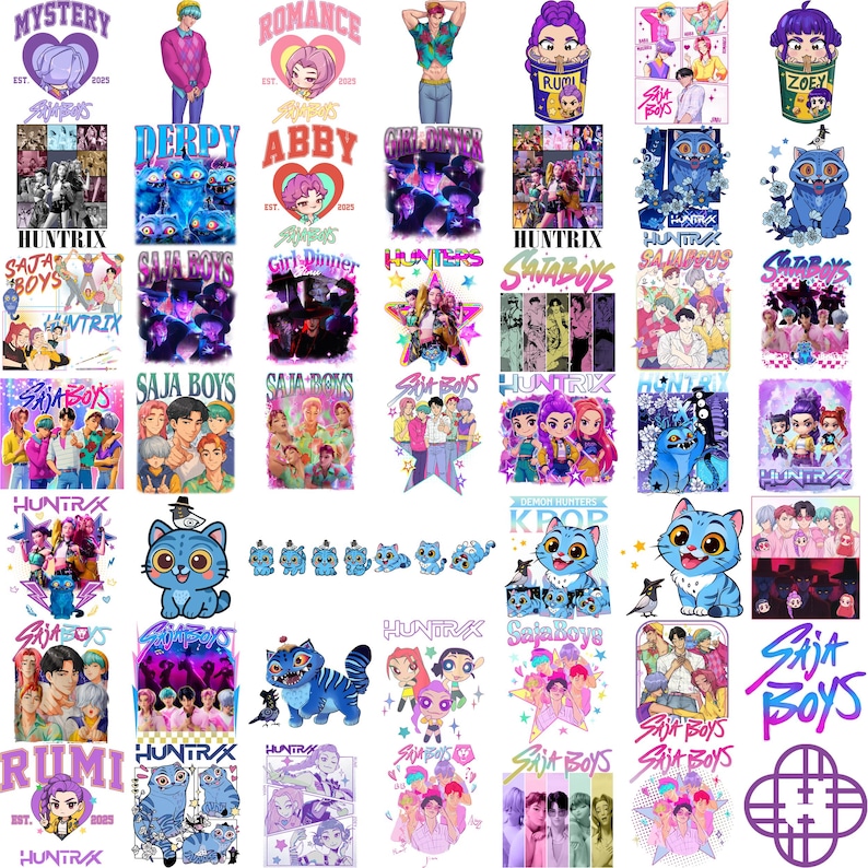 Kpop group fan art PNG pack with Demon Hunter style designs for sublimation shirts, stickers, and DIY crafts