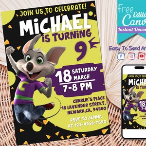 May include: A birthday party invitation featuring a cartoon mouse character. The invitation is yellow, purple, and black, with the text "MICHAEL IS TURNING 9". Details include the date, time, and location of the party. A smartphone displays the invitation.