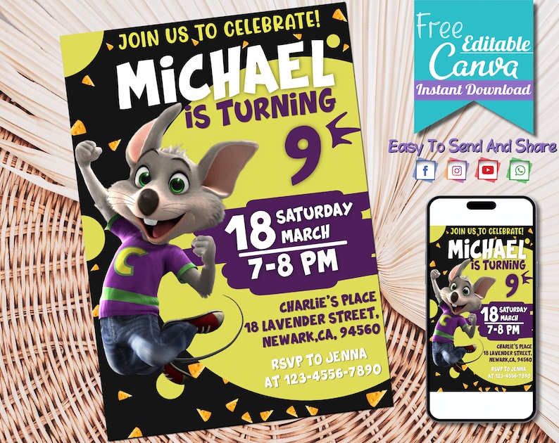 Editable Chuck E Cheese Birthday Invitation Printable Chuck E Cheese ...