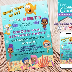 May include: A teal birthday party invitation with cartoon characters and the text "WHAT TIME IS IT? IT'S TIME PARTY". The invitation includes details for Robin's 4th birthday party on April 22nd, 3PM-6PM, with address and RSVP information. A smartphone displays the invitation.