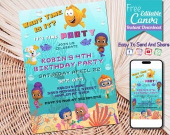 Bubble Guppies Birthday Invitations | Printable Bubble Guppies Party Invite, Bubble Guppies Evite, Editable Canva Template, Instant Download