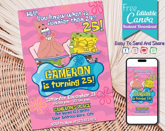Editable Spongebob Birthday Invitation | Template Printable Party Invitations | Sponge bob invite | Digital Kids Invite | Instant Download