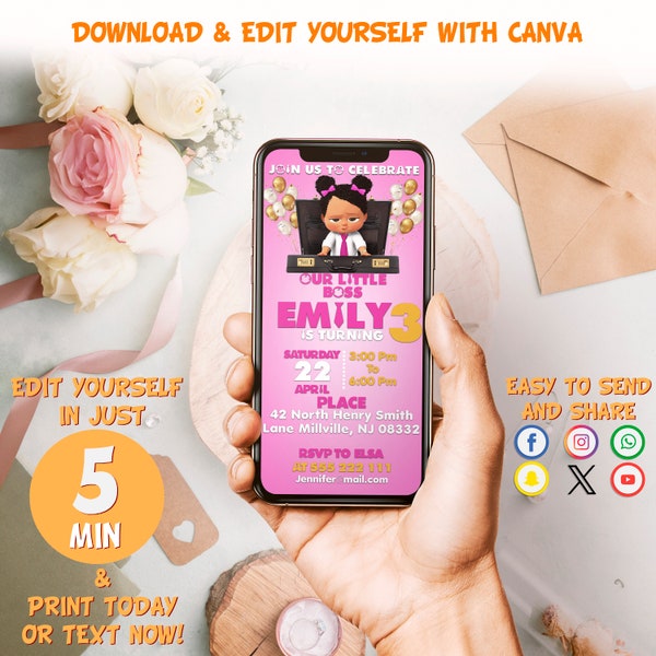 Editable Baby Boss Girl Birthday Invitation | Boss Baby Party invitation | Template Editable - Printable | Invite Instant Download