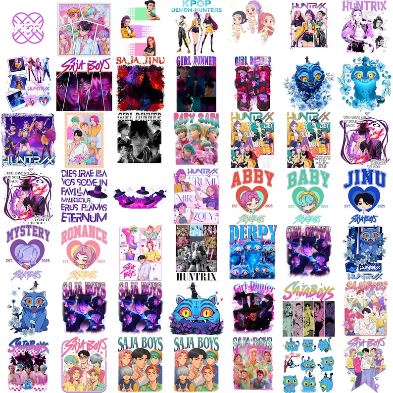 Kpop Demon Hunter digital bundle preview showing high resolution PNG graphics for shirts, stickers, and crafts
