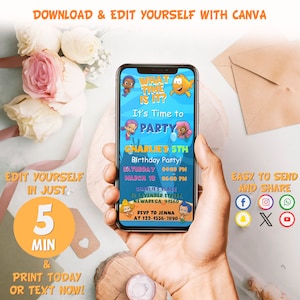 May include: A digital invitation for a child's 5th birthday party featuring characters from the animated television show "Bubble Guppies". The invitation is displayed on a smartphone screen and includes the text "What Time Is It? It's Time to Party! Charlie's 5th Birthday Party! Saturday March 18 04:00 PM - 06:00 PM Charlie's Place 18 Lavender Street Newark, CA 94560 RSVP to Jenna at 123-4556-7890".