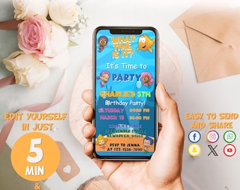 Invitaciones de cumpleaños de Bubble Guppies editables / Invitación imprimible para fiesta de Bubble Guppies, Plantilla de Canva, Descarga instantánea