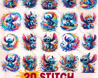 20 New Stitch Splash and Watercolor Clipart Sublimation PNG files |  High Resolution | Transparent background | Instant Digital PNG Download