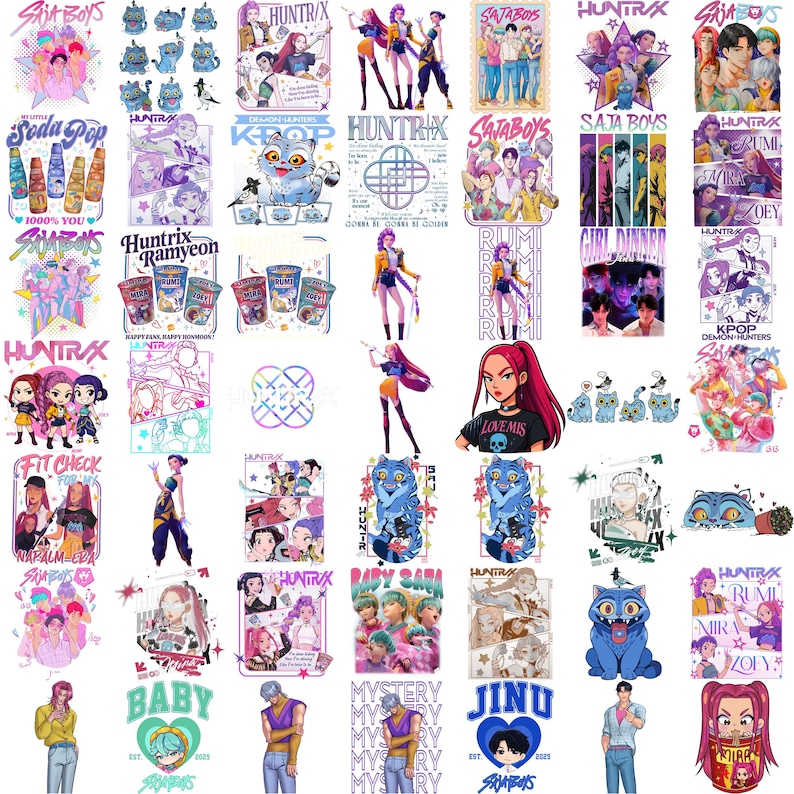Huntrix and Saja Boys inspired Kpop PNG clipart bundle perfect for Cricut, sublimation printing, and fan merch