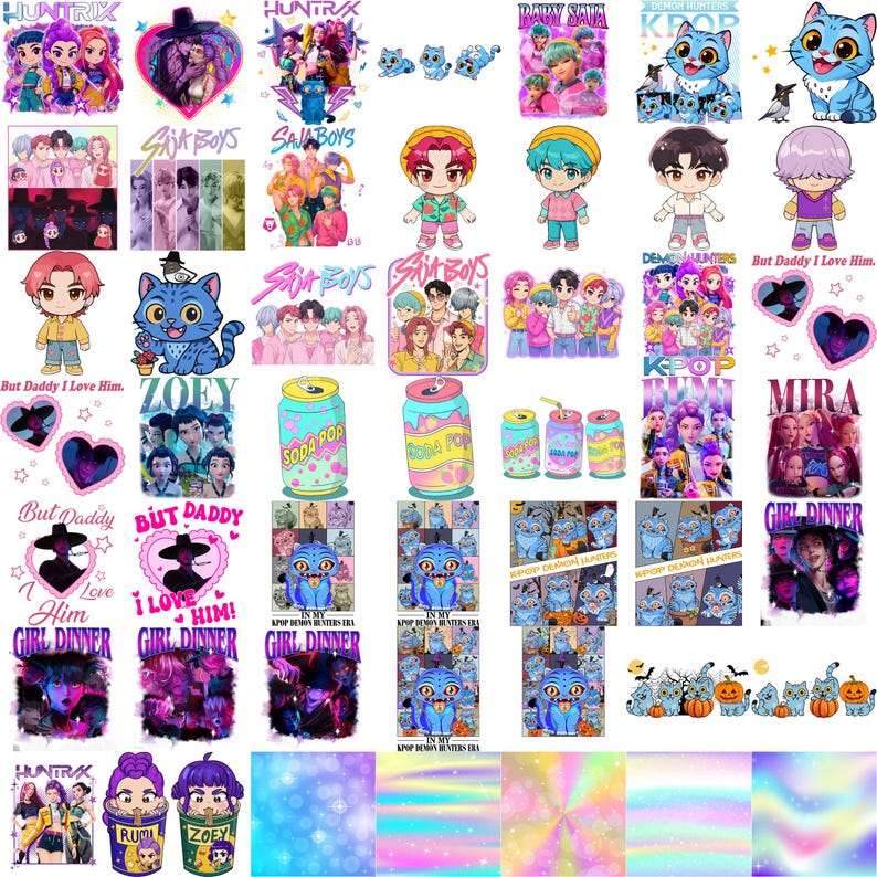Large Kpop PNG bundle with Huntrix fan graphics, Saja Boys band inspired artwork, and Kpop clipart designs