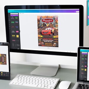 K&ouml;nnte beinhalten: Ein digitales Design f&uuml;r eine Geburtstagseinladung mit einem roten Comic-Rennwagen mit dem Text "Brandon wird 5" und einem karierten Hintergrund. Die Einladung enth&auml;lt Details zur Party, einschlie&szlig;lich Datum, Uhrzeit, Ort und RSVP-Informationen.