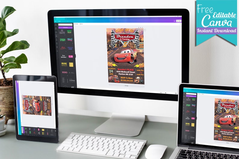 K&ouml;nnte beinhalten: Ein digitales Design f&uuml;r eine Geburtstagseinladung mit einem roten Comic-Rennwagen mit dem Text "Brandon wird 5" und einem karierten Hintergrund. Die Einladung enth&auml;lt Details zur Party, einschlie&szlig;lich Datum, Uhrzeit, Ort und RSVP-Informationen.