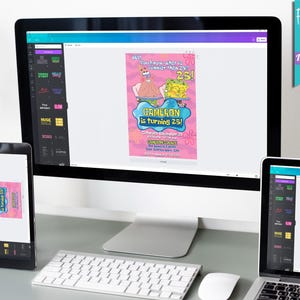 Puede incluir: Una plantilla de dise&ntilde;o digital para una invitaci&oacute;n de cumplea&ntilde;os con un personaje de dibujos animados de la serie de televisi&oacute;n animada Bob Esponja. La invitaci&oacute;n es rosa con un personaje de dibujos animados amarillo y azul. El texto de la invitaci&oacute;n dice: "Hey You're Invited to a SpongeBob Birthday Bash! Cameron is turning 25!"