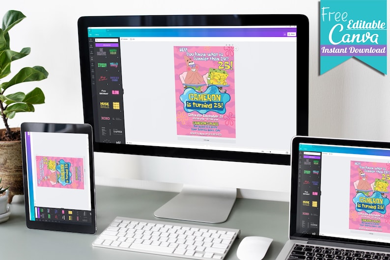Puede incluir: Una plantilla de dise&ntilde;o digital para una invitaci&oacute;n de cumplea&ntilde;os con un personaje de dibujos animados de la serie de televisi&oacute;n animada Bob Esponja. La invitaci&oacute;n es rosa con un personaje de dibujos animados amarillo y azul. El texto de la invitaci&oacute;n dice: "Hey You're Invited to a SpongeBob Birthday Bash! Cameron is turning 25!"