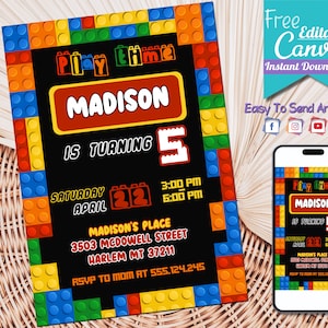 Building Blocks Birthday Invitation | Building Brick Birthday Invite, Kids Birthday Invitation Template Printable | Instant Digital Download